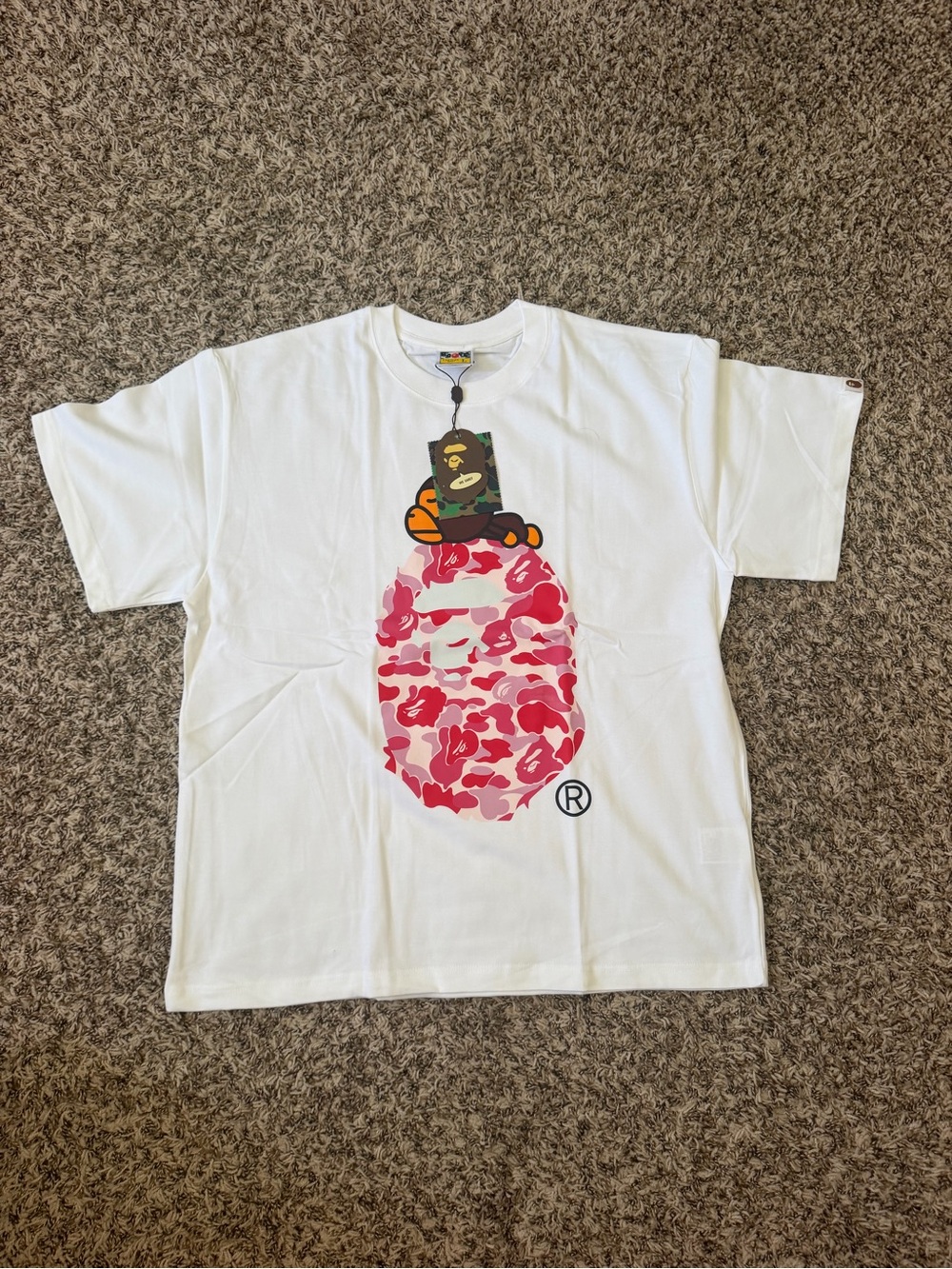 Bape White Kids Tee with Pink Camo Ape Head